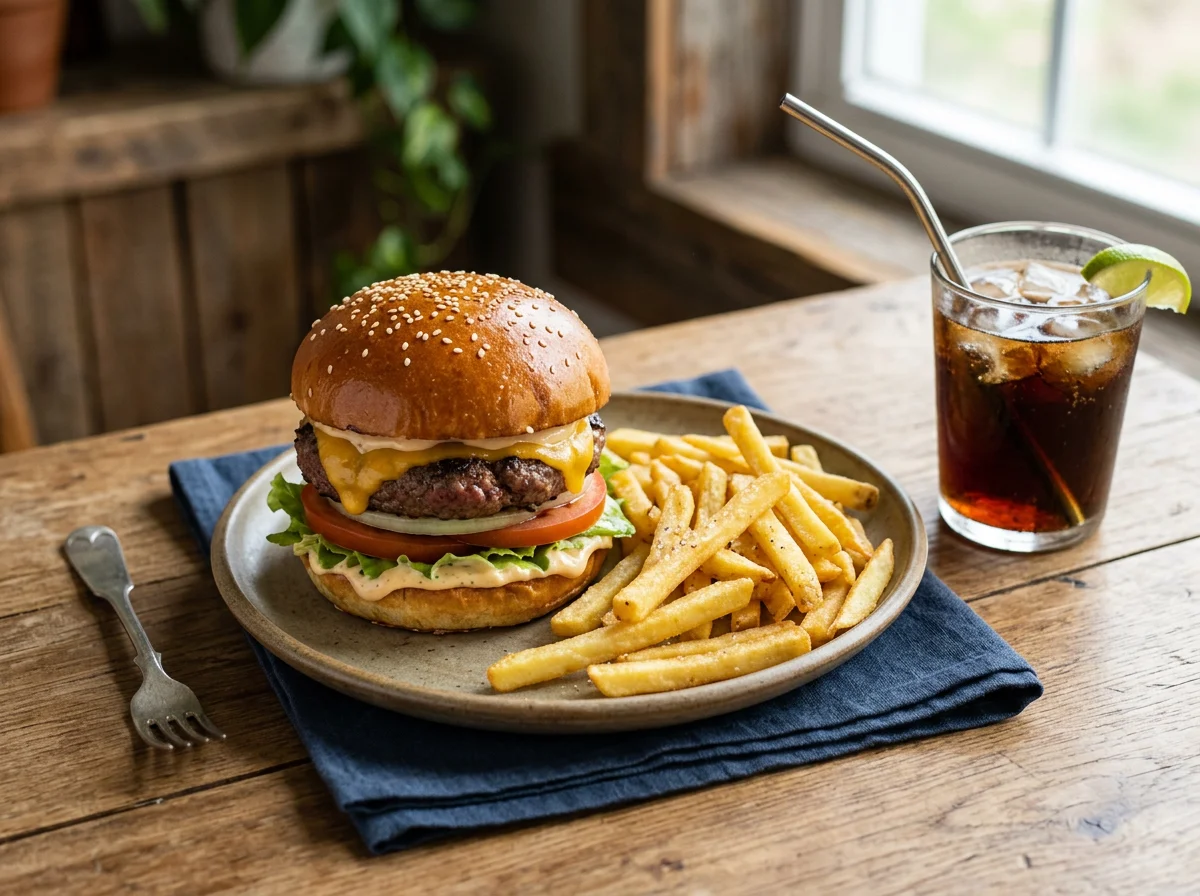 Hambúrguer com Batata Frita e Refrigerante photo