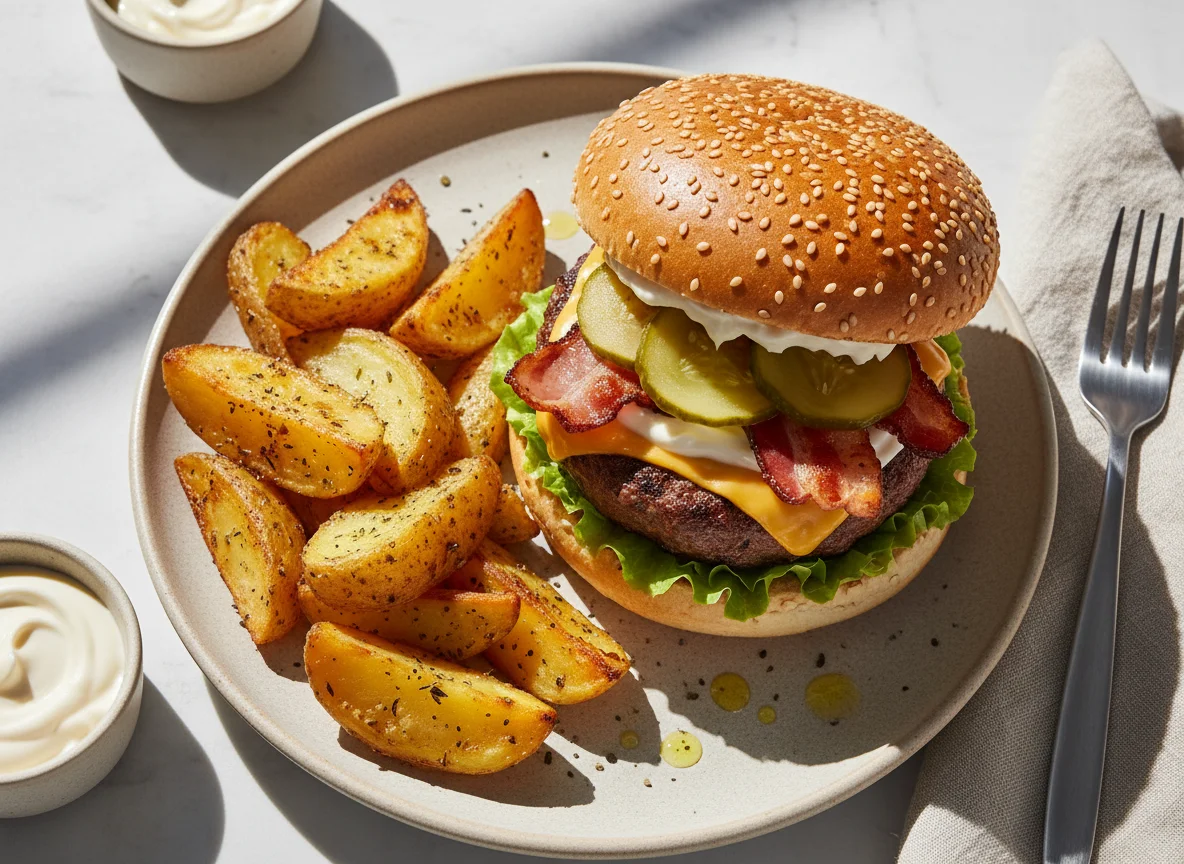 Hambúrguer com Batatas Assadas photo
