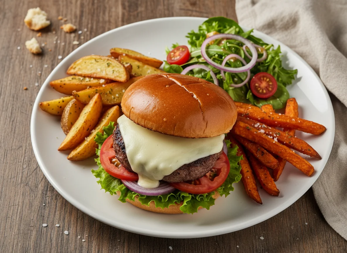 Hambúrguer com batatas e salada photo