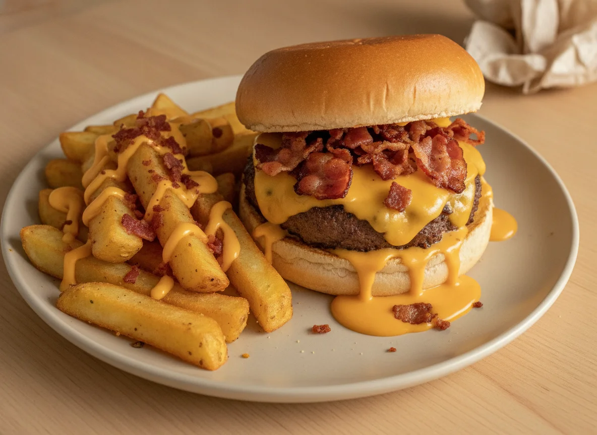 Hambúrguer com Batatas Fritas, Cheddar e Bacon photo