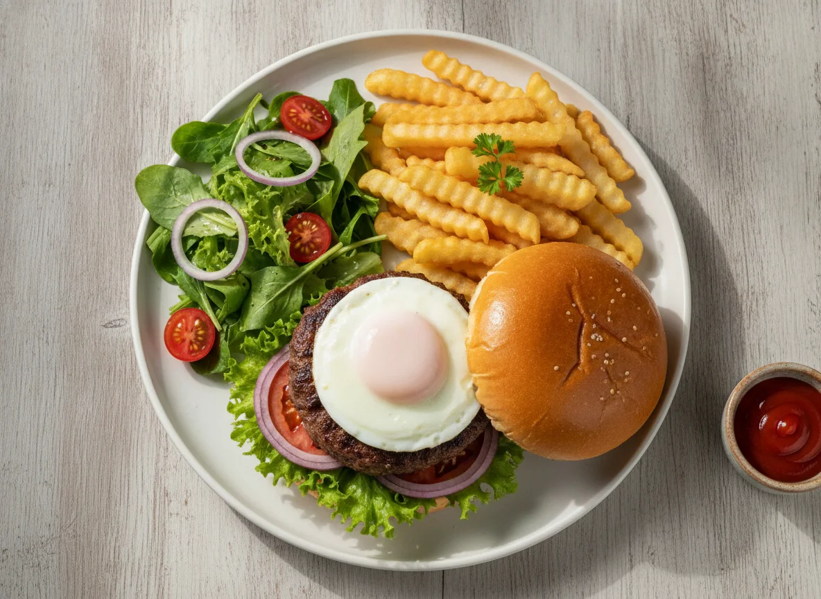 Hambúrguer com batatas fritas, clara de ovo e salada photo