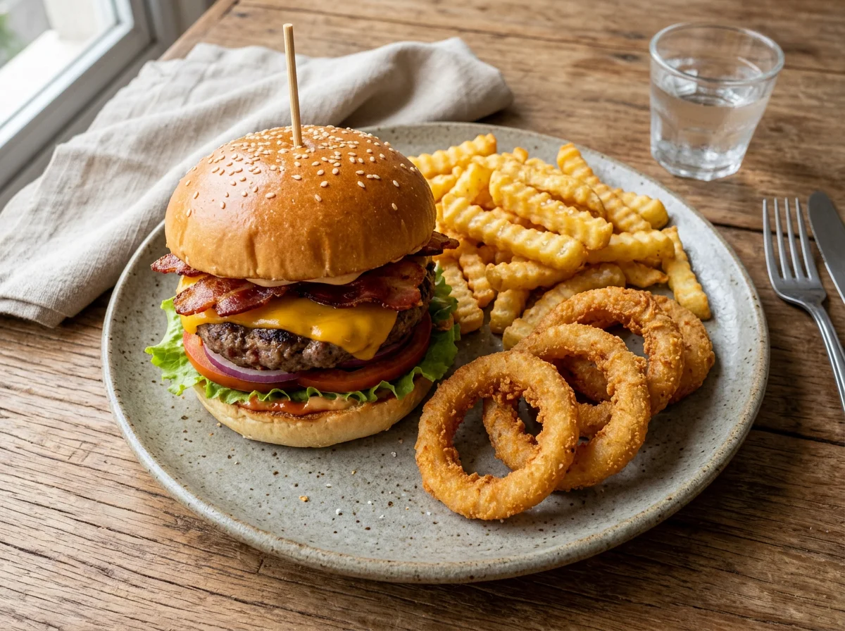 Hambúrguer com batatas fritas e anéis de cebola photo