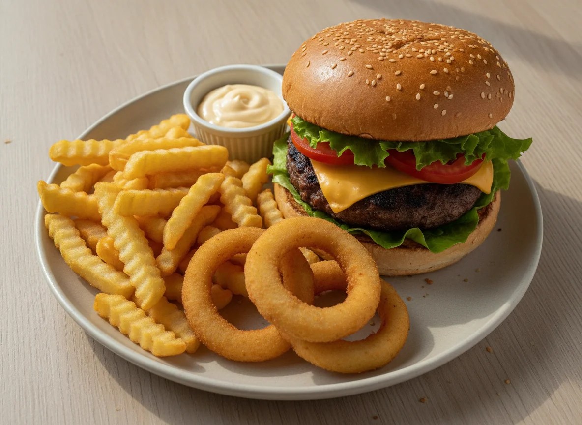 Hambúrguer com batatas fritas e aros de cebola photo