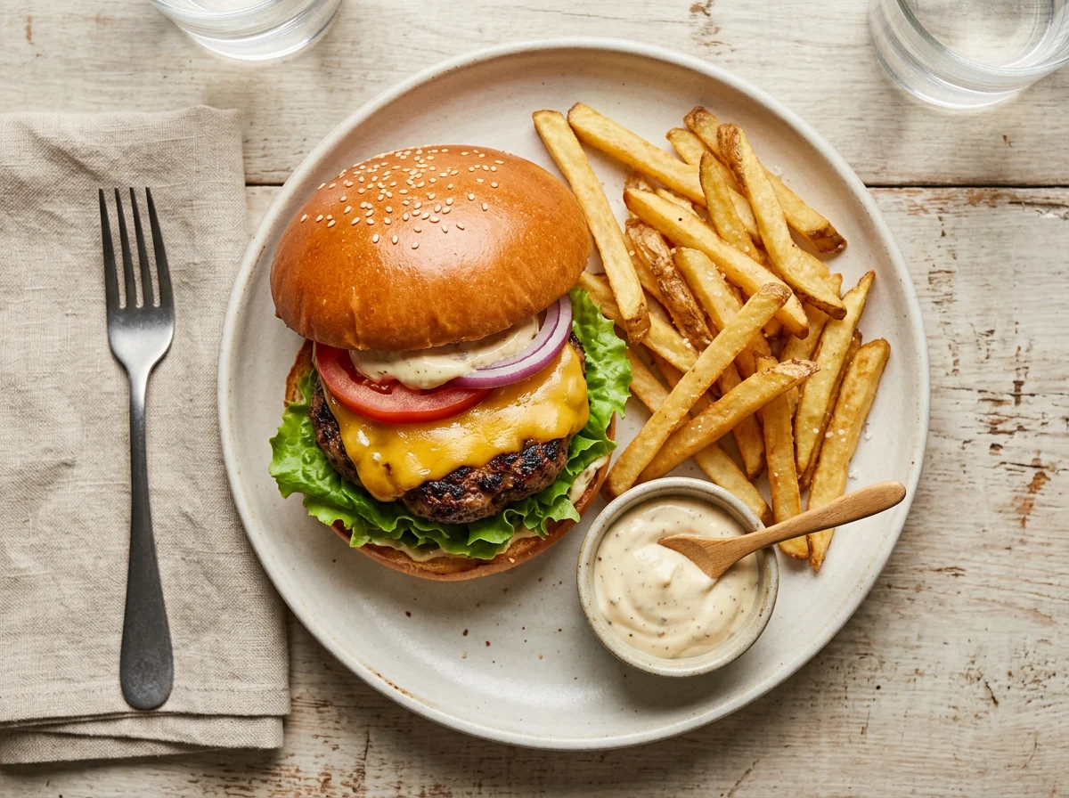 Hambúrguer com batatas fritas e molho photo
