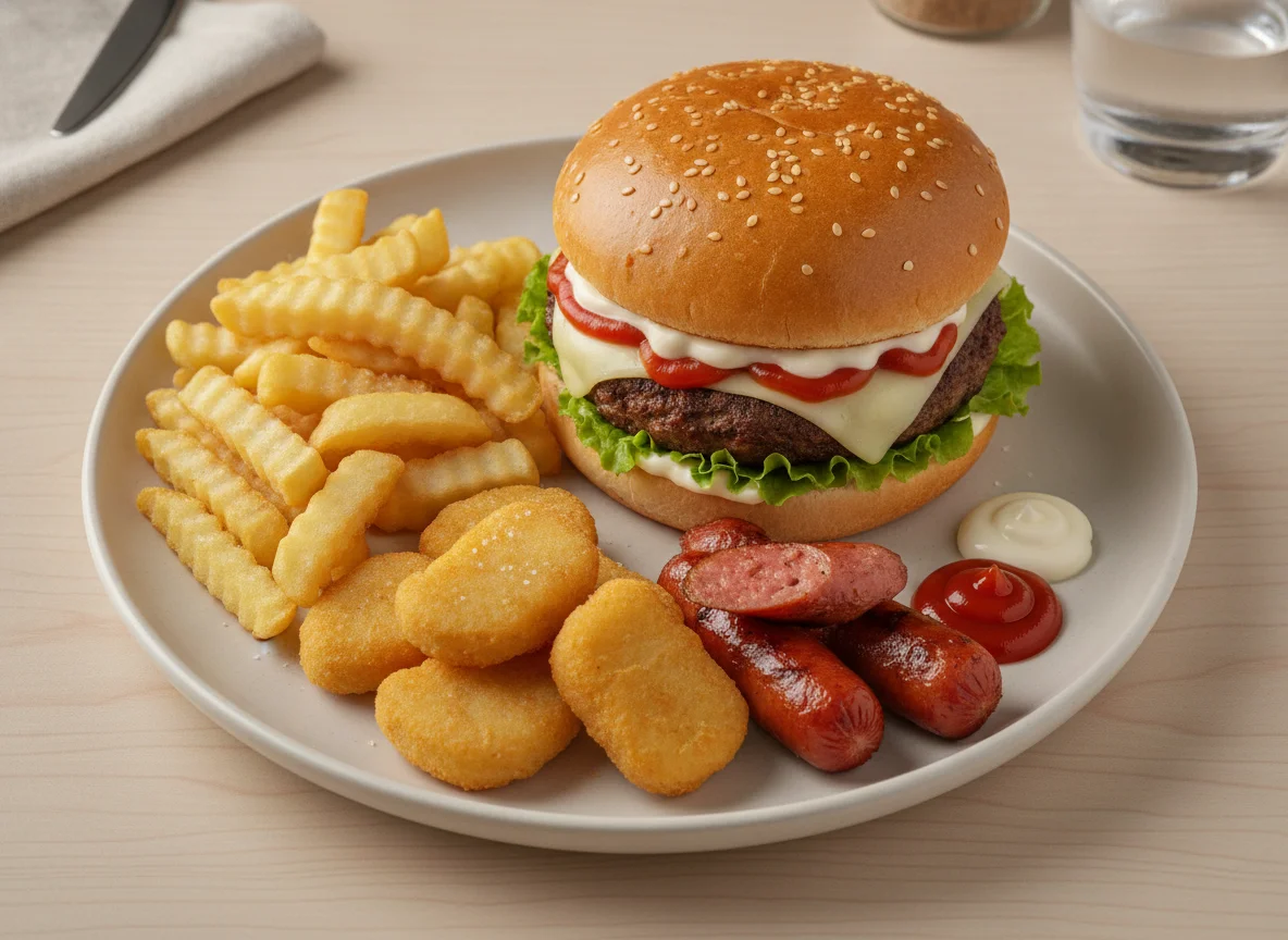 Hambúrguer com batatas fritas, nuggets e salsicha photo