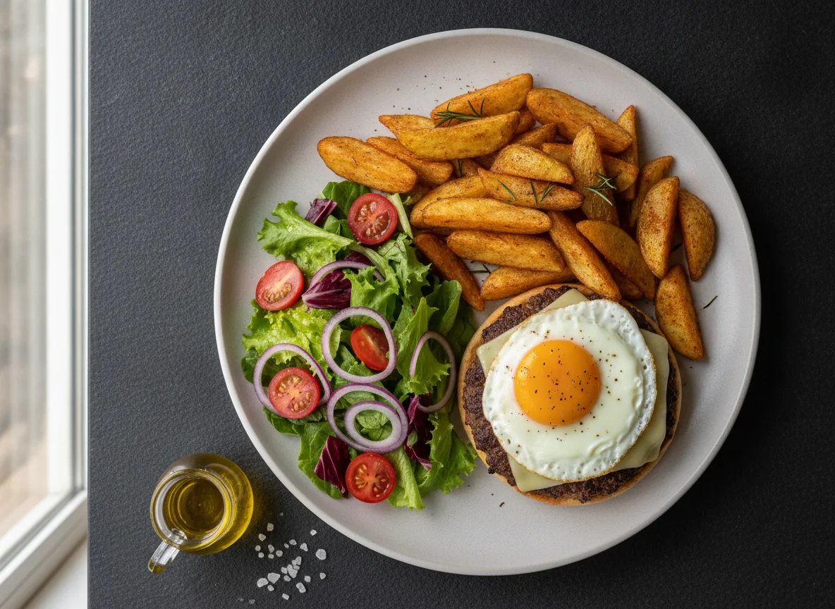 Hambúrguer com batatas na air fryer, ovo e salada photo