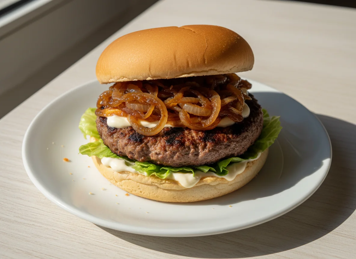 Hambúrguer com cebola caramelizada photo