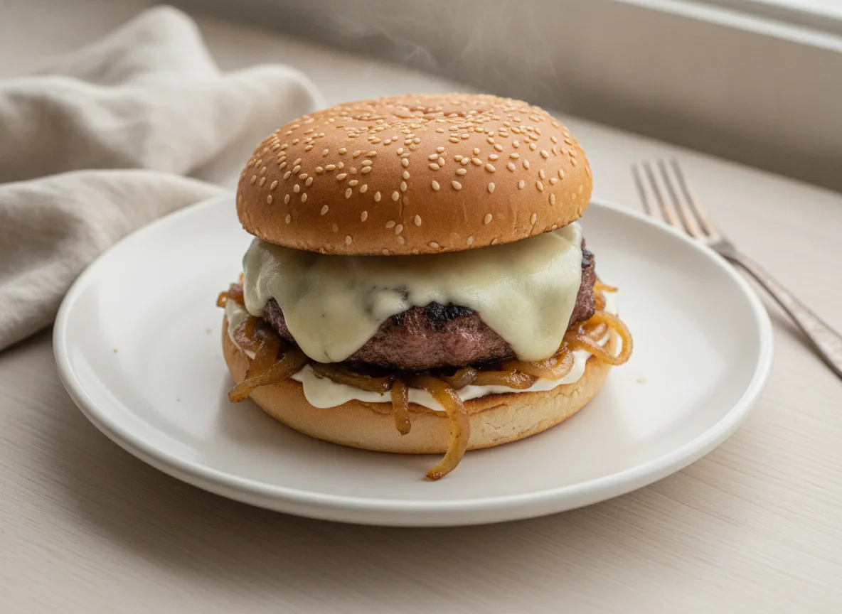 Hambúrguer com Cebola Caramelizada e Queijo photo