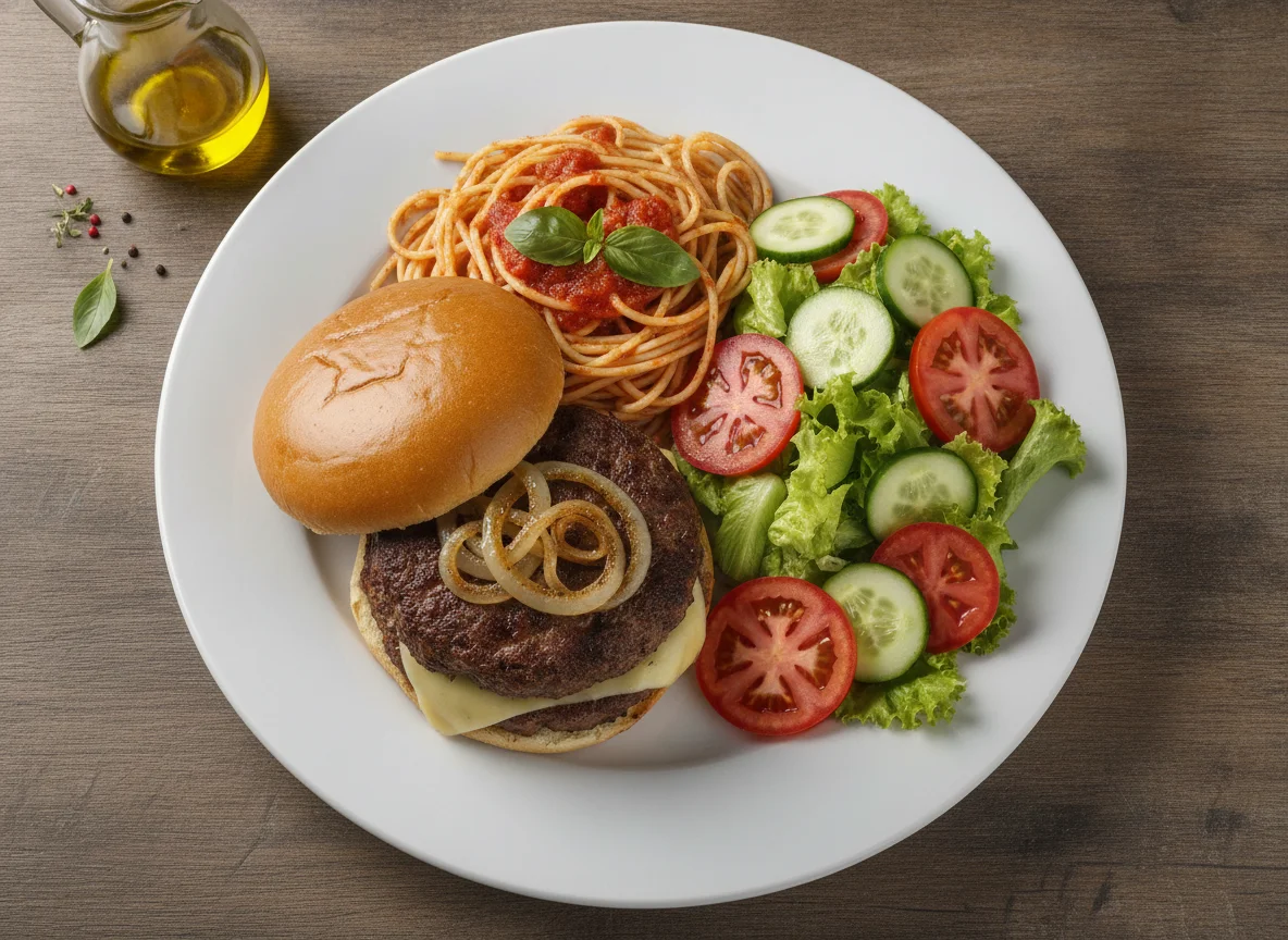 Hambúrguer com Espaguete e Salada Mista photo