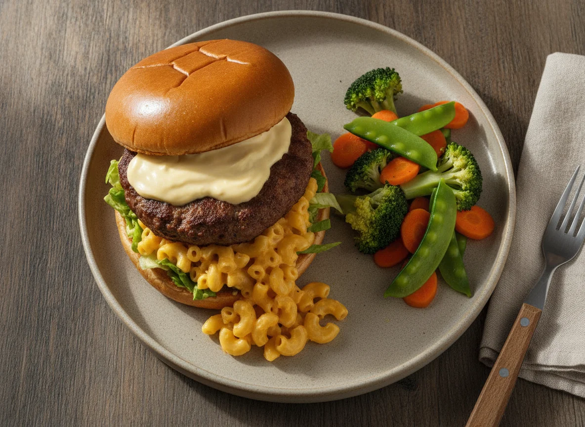 Hambúrguer com Mac and Cheese e Vegetais no Vapor photo