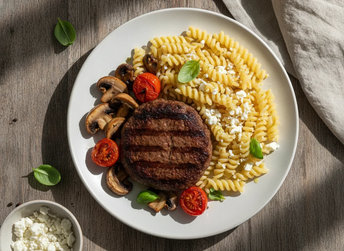 Hambúrguer com Massa Fusilli e Vegetais photo