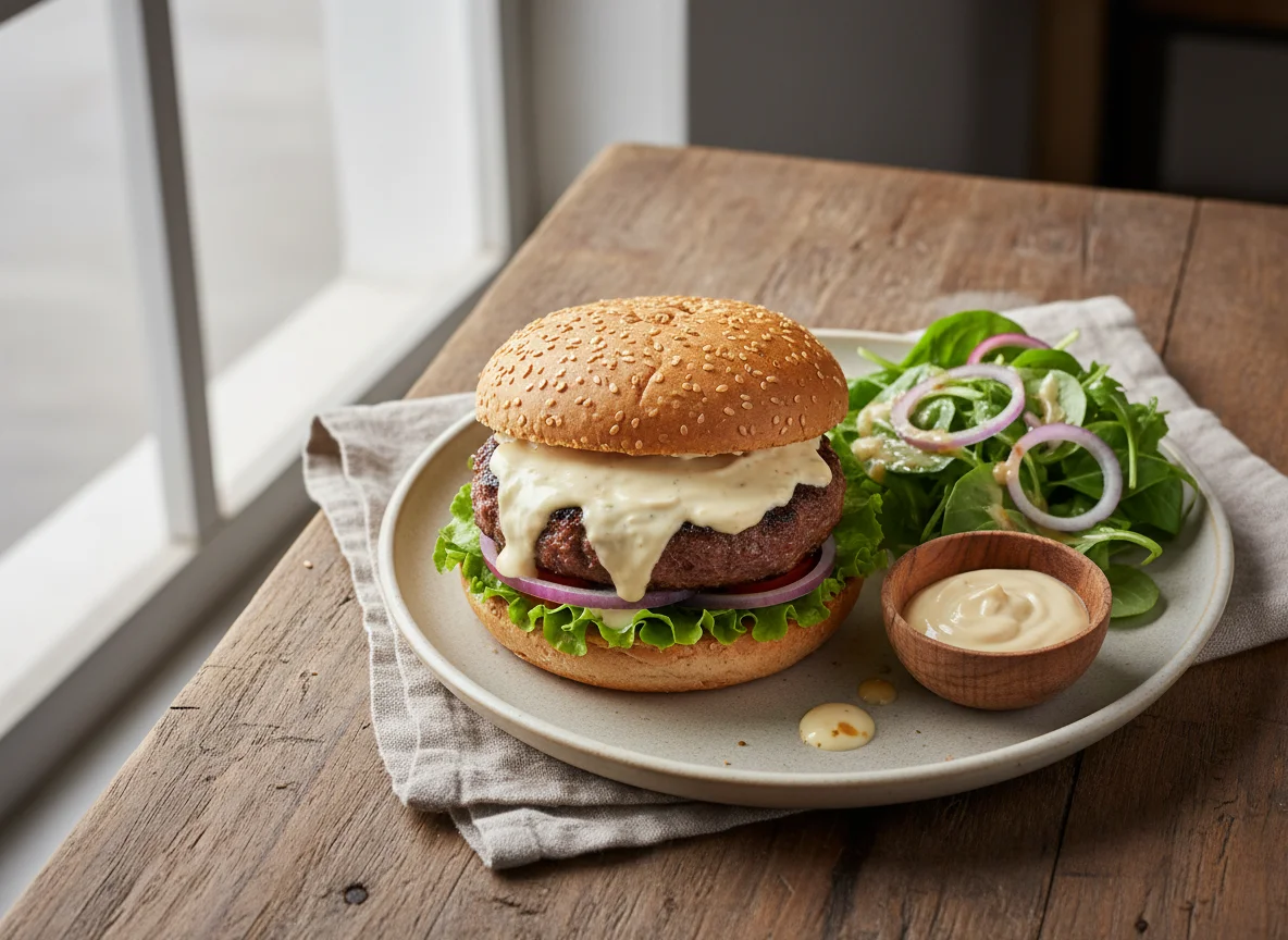 Hambúrguer com molho e salada photo