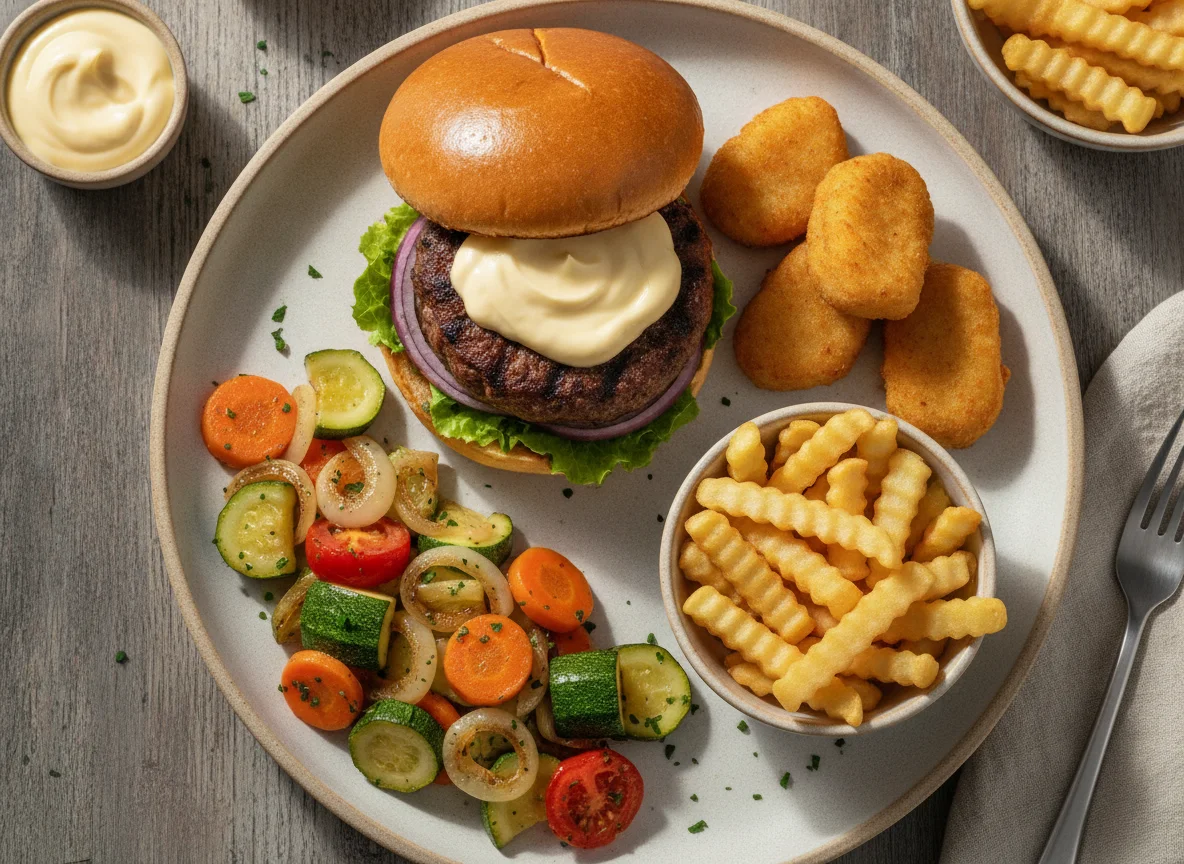 Hambúrguer com Nuggets, Batata Frita e Seleta de Legumes photo