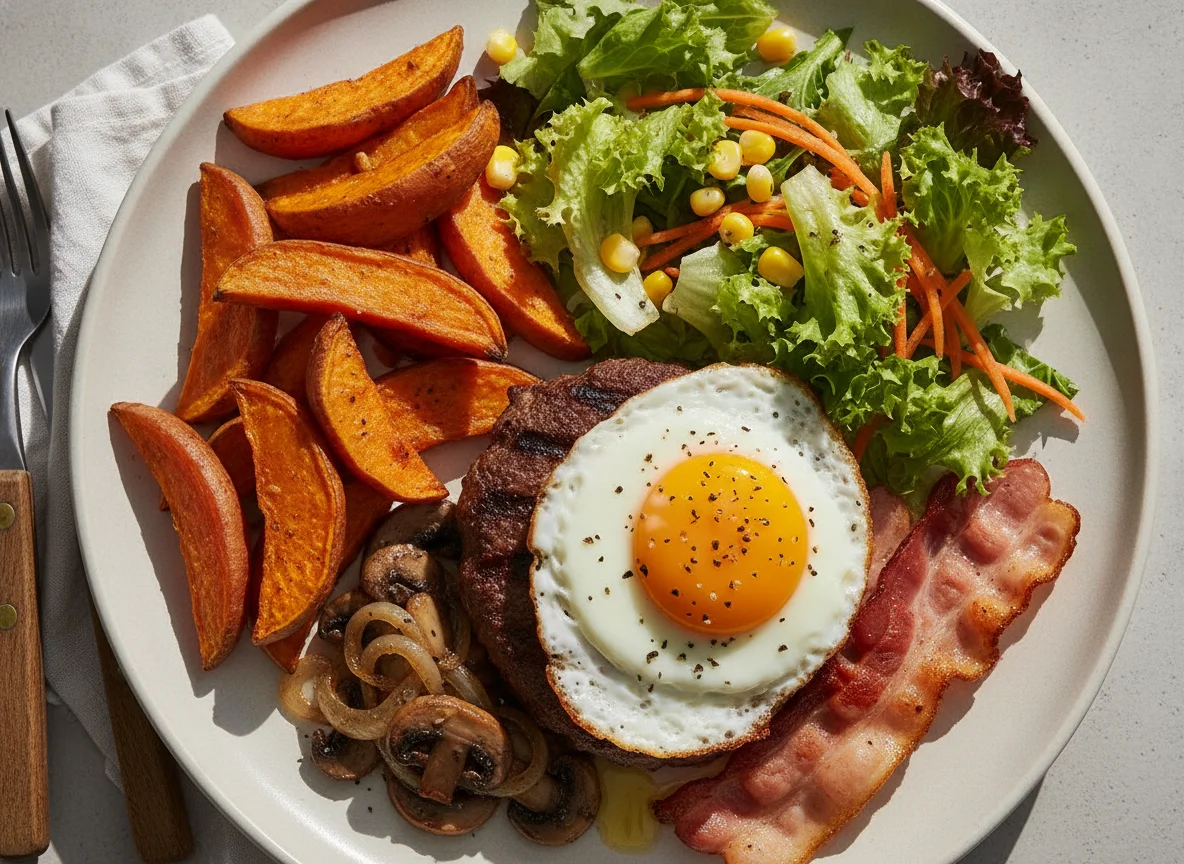 Hambúrguer com ovo, batata-doce assada e salada mista photo