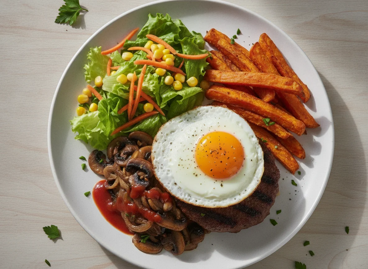 Hambúrguer com ovo, cogumelos, batata-doce e salada photo