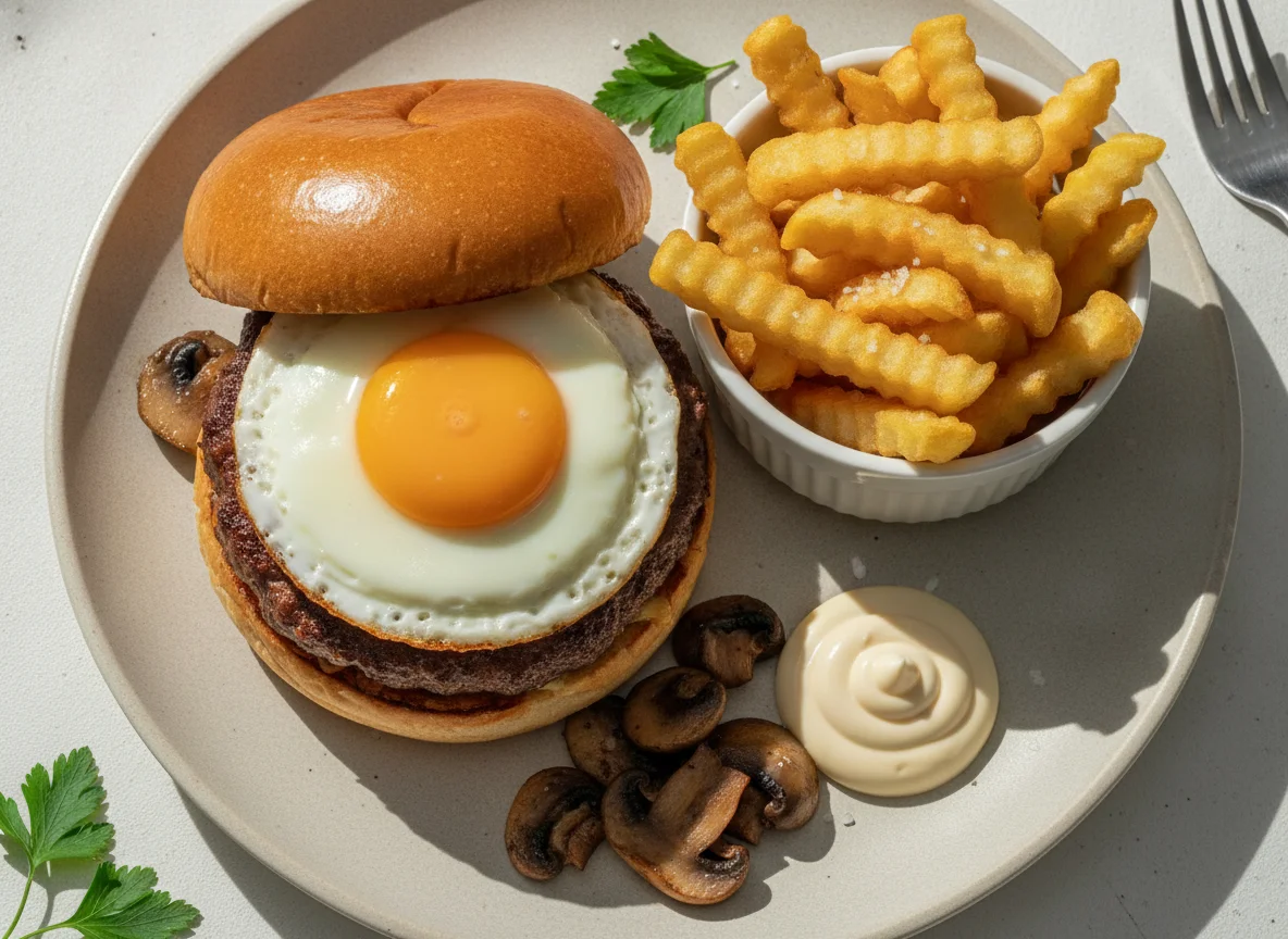 Hambúrguer com ovo e batatas fritas photo
