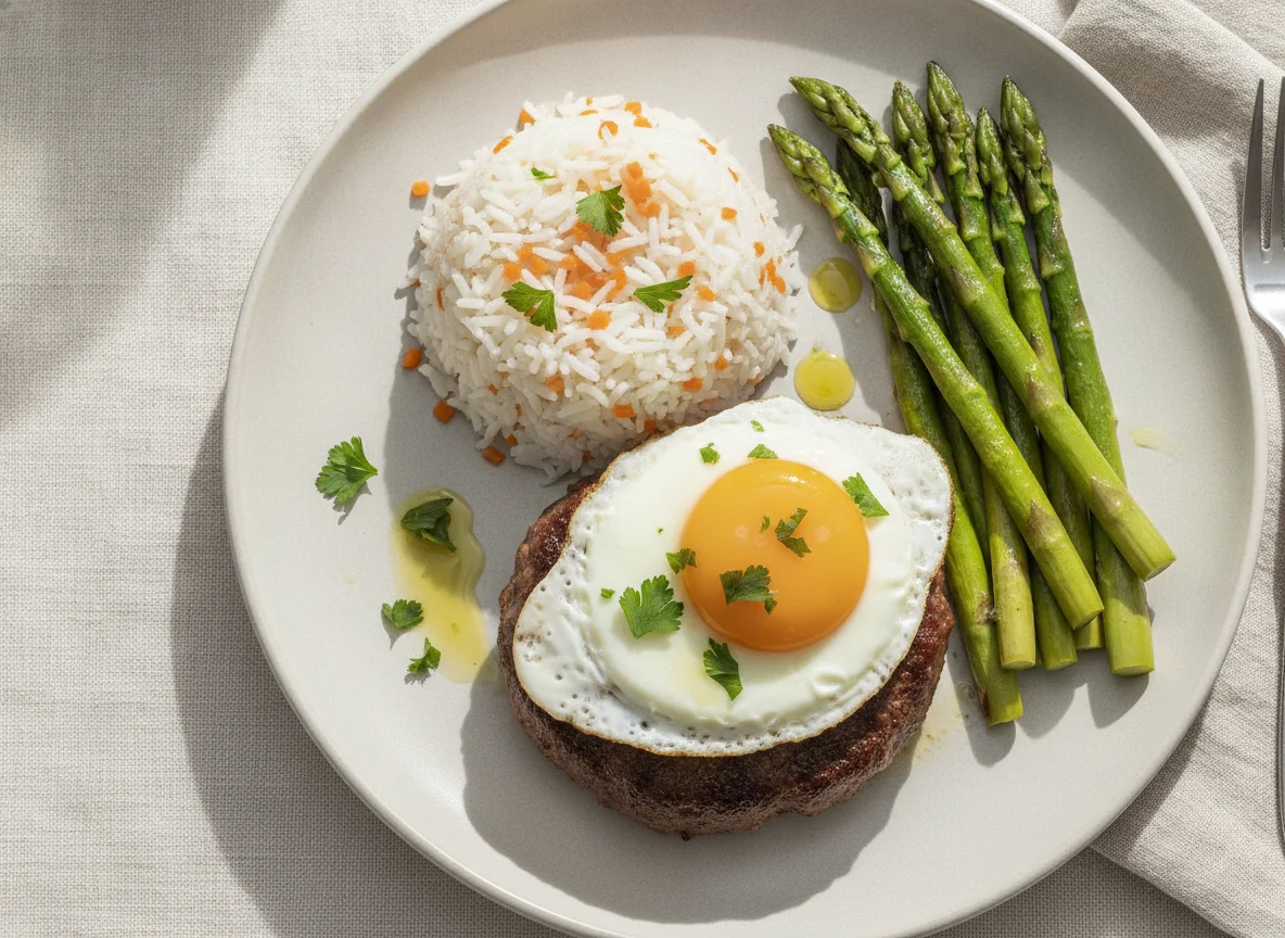 Hambúrguer com ovo estrelado, arroz e espargos photo