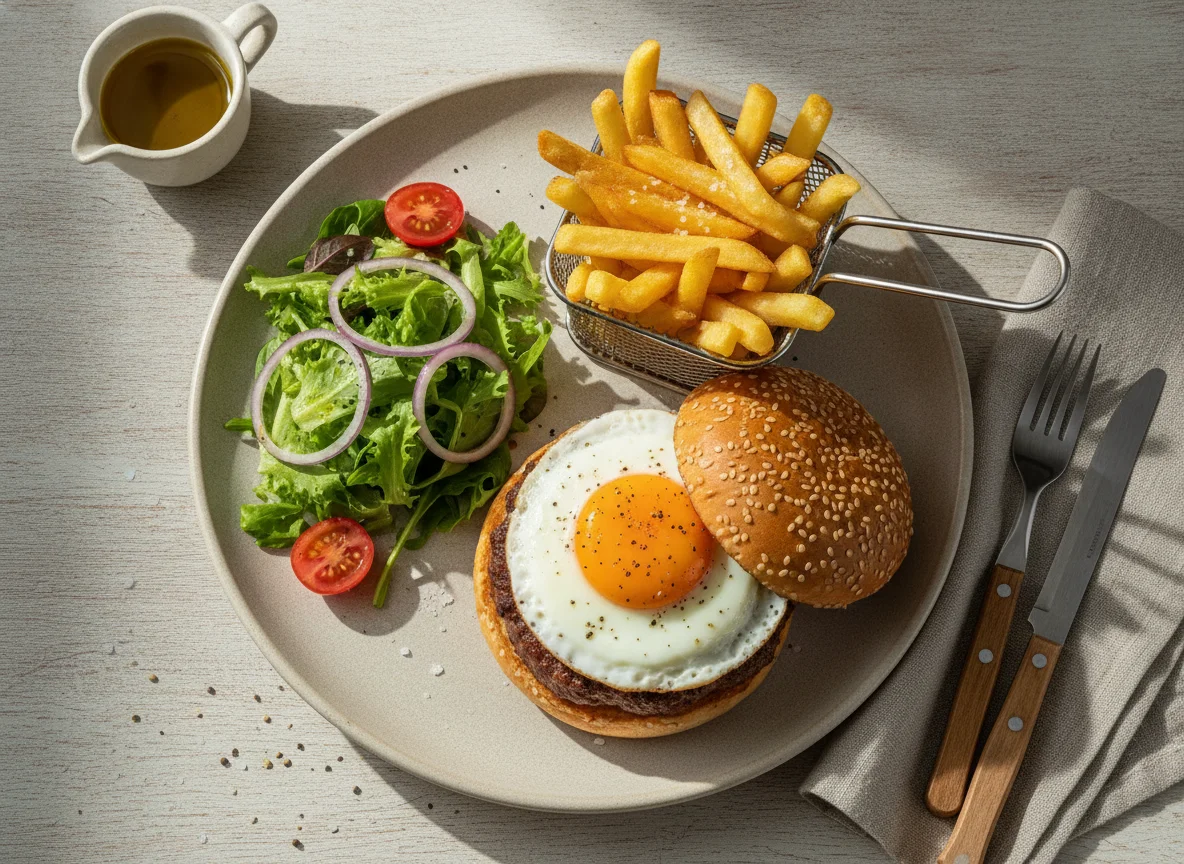 Hambúrguer com ovo estrelado, batatas fritas e salada mista photo