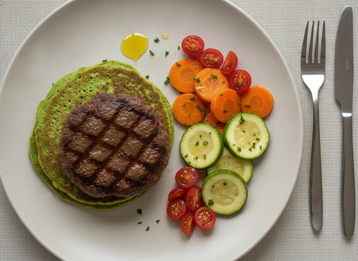 Hambúrguer com Panquecas de Espinafre e Salada de Legumes photo