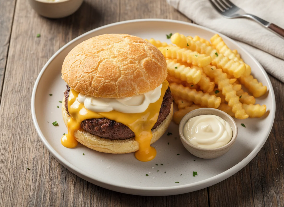Hambúrguer com pão de queijo e batatas fritas photo