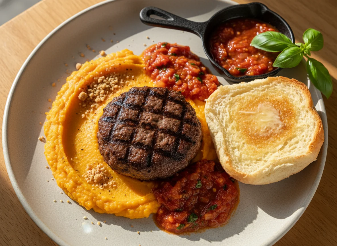 Hambúrguer com purê de abóbora e molho de tomate photo