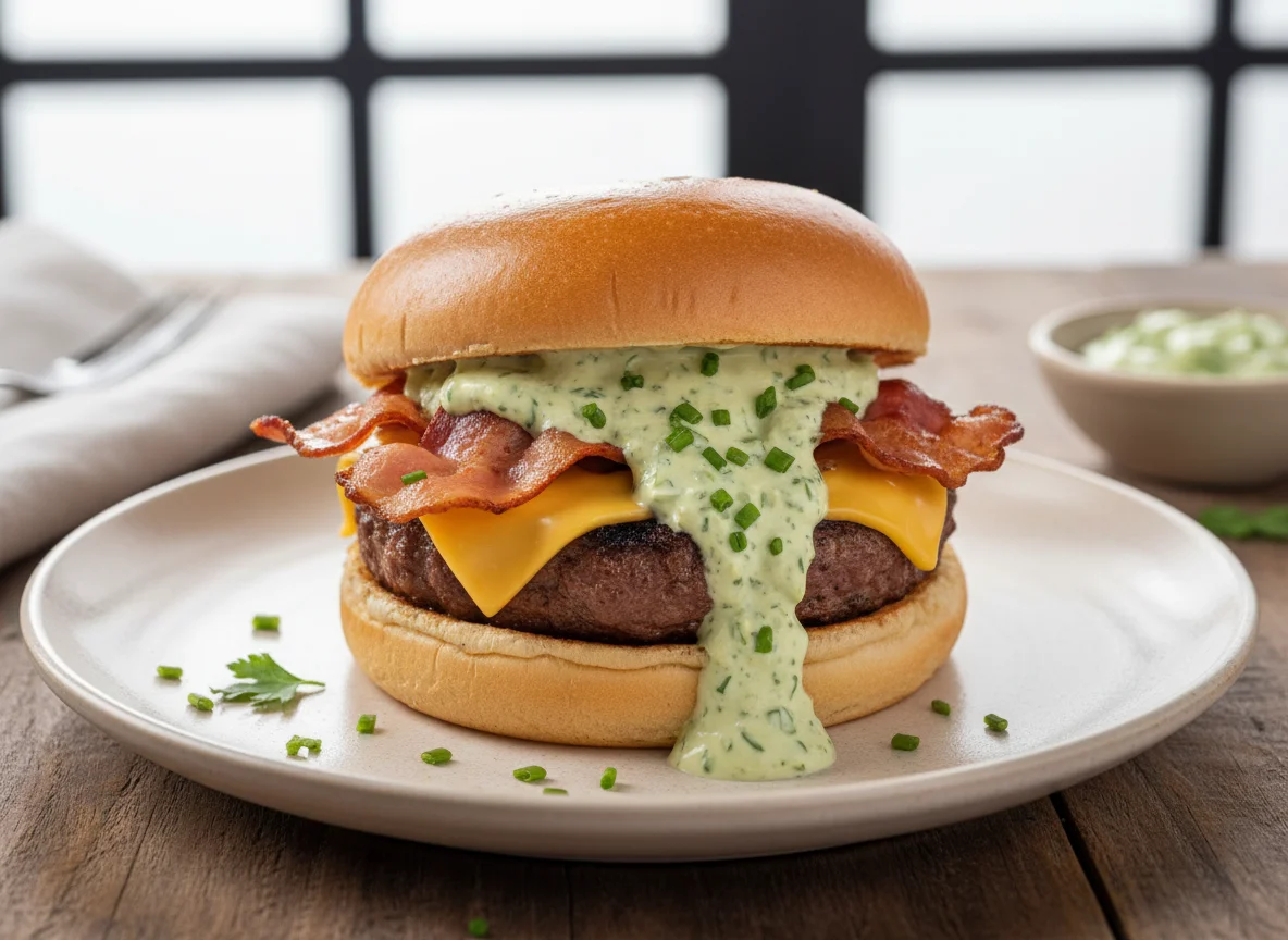 Hambúrguer com queijo, bacon e molho verde photo