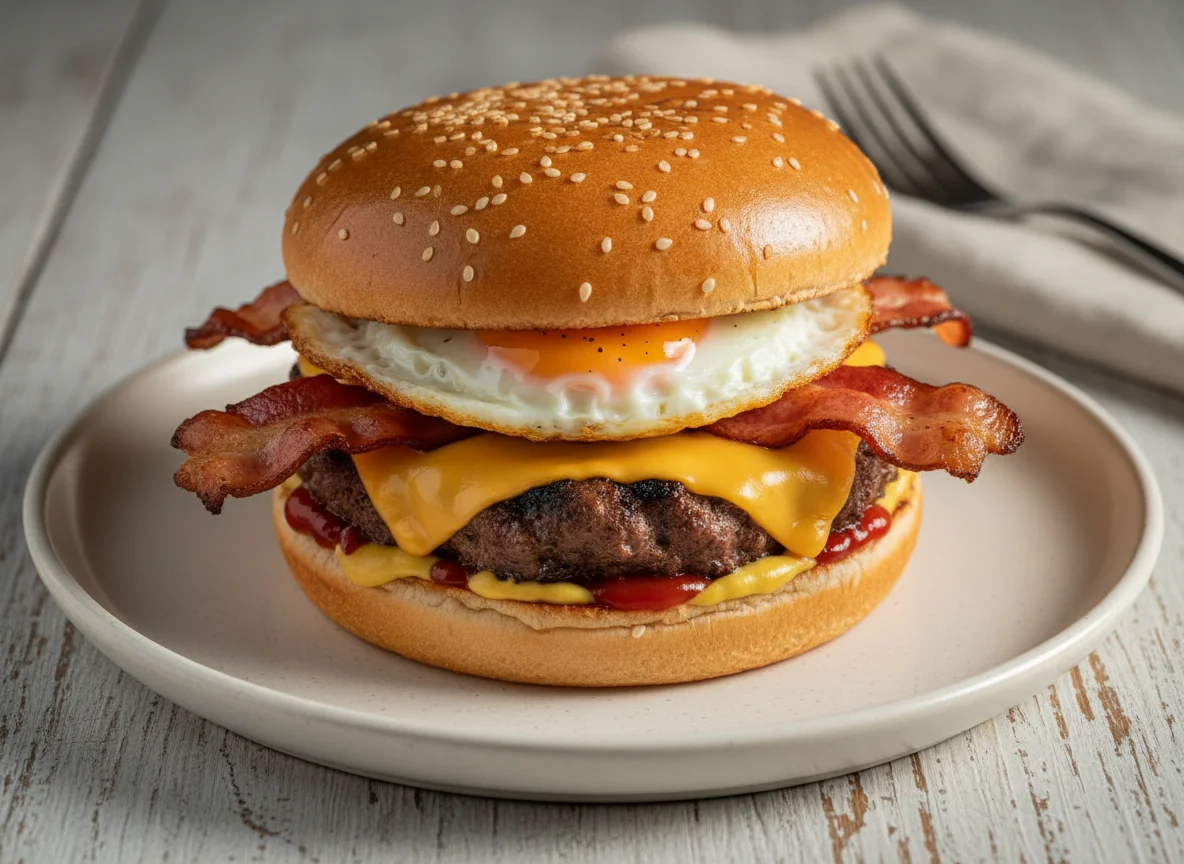 Hambúrguer com queijo, bacon e ovo photo