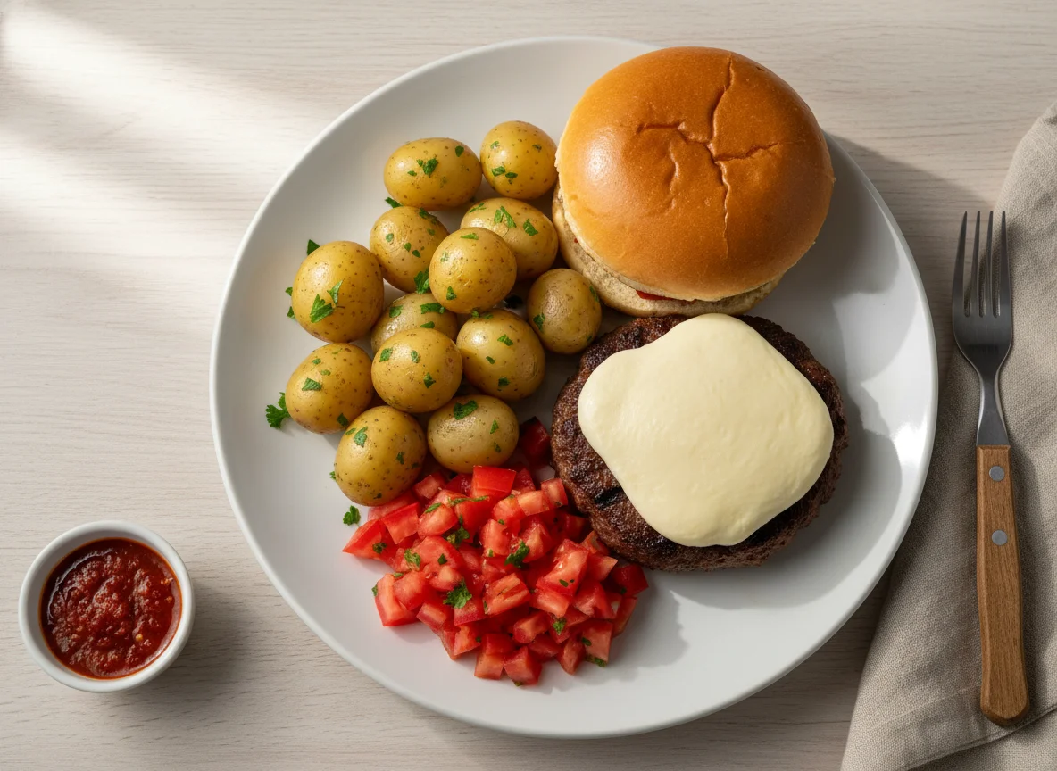 Hambúrguer com queijo, batata cozida e tomate photo