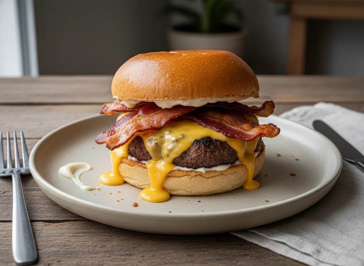Hambúrguer com Queijo Cheddar e Bacon photo