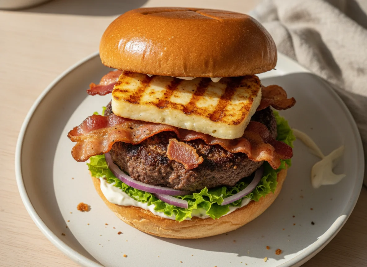 Hambúrguer com Queijo Coalho e Bacon photo