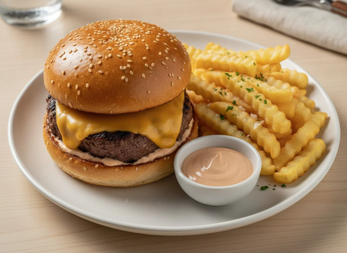 Hambúrguer com queijo e batatas fritas photo