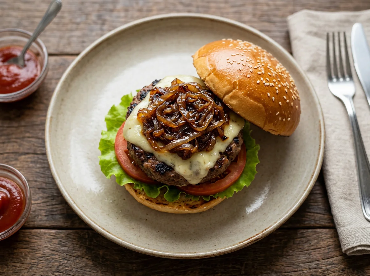 Hambúrguer com queijo e cebola caramelizada photo
