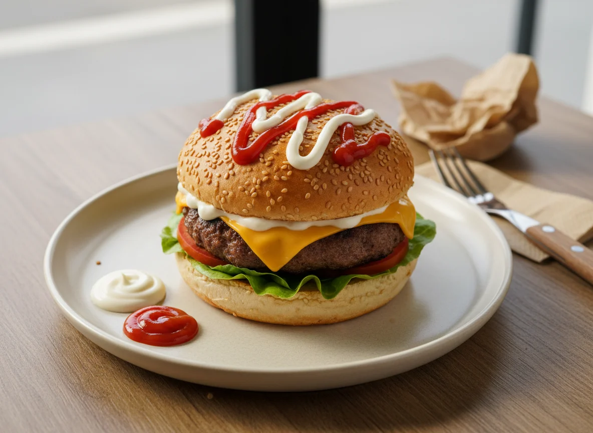 Hambúrguer com queijo e molhos photo