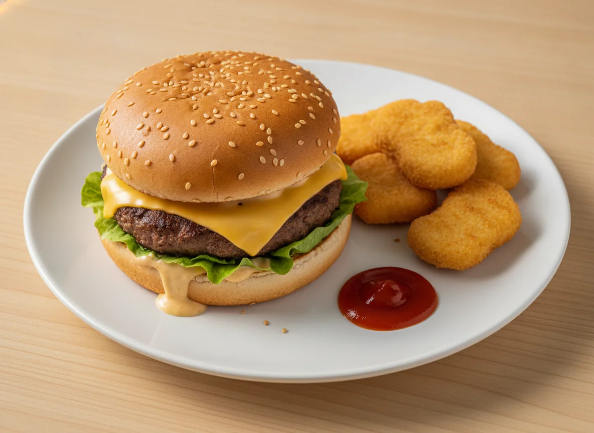 Hambúrguer com queijo e nuggets de frango photo