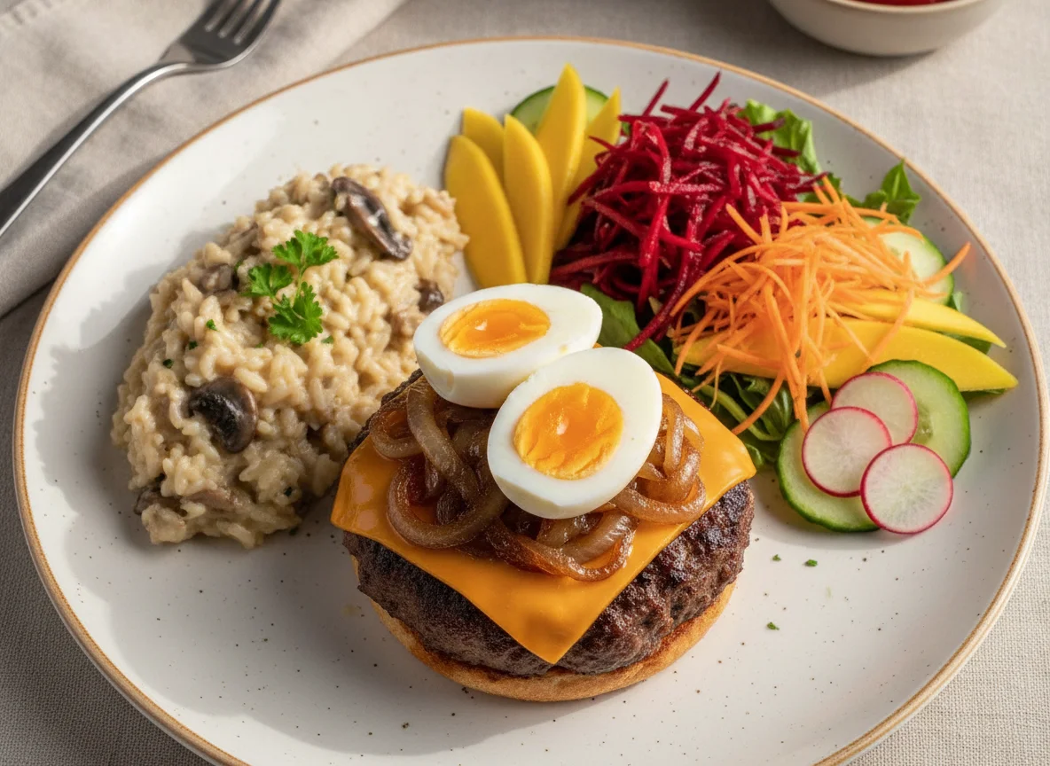 Hambúrguer com Risoto de Funghi e Salada photo