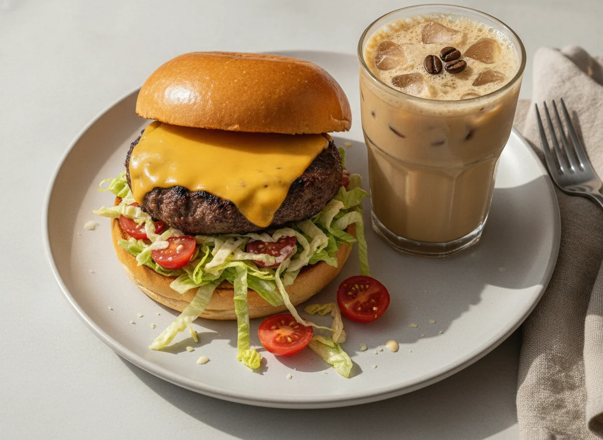 Hambúrguer com salada e bebida láctea photo