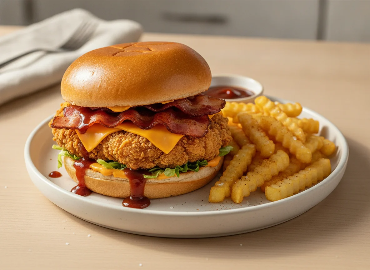 Hambúrguer de frango com bacon e barbecue e fritas photo