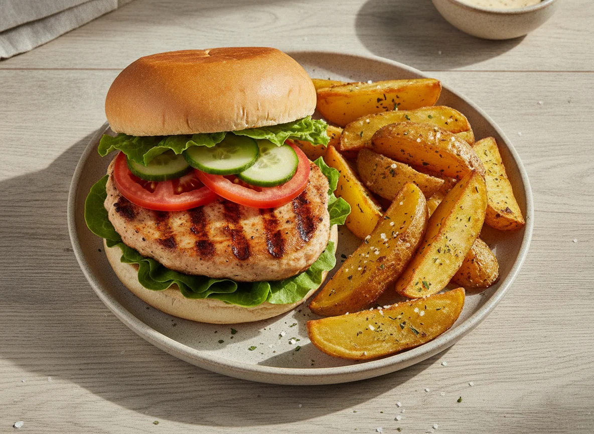 Hambúrguer de frango com batatas rústicas photo