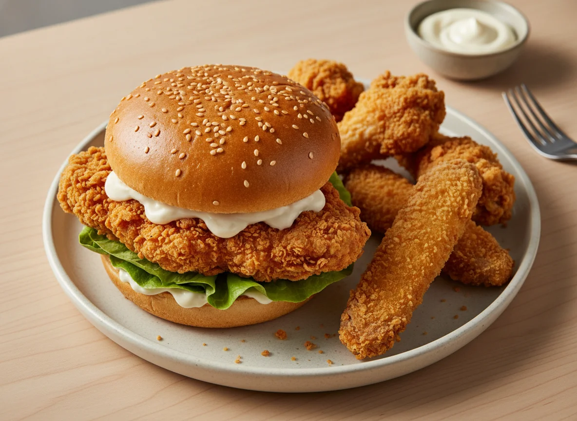 Hambúrguer de frango frito com pedaços de frango panado photo