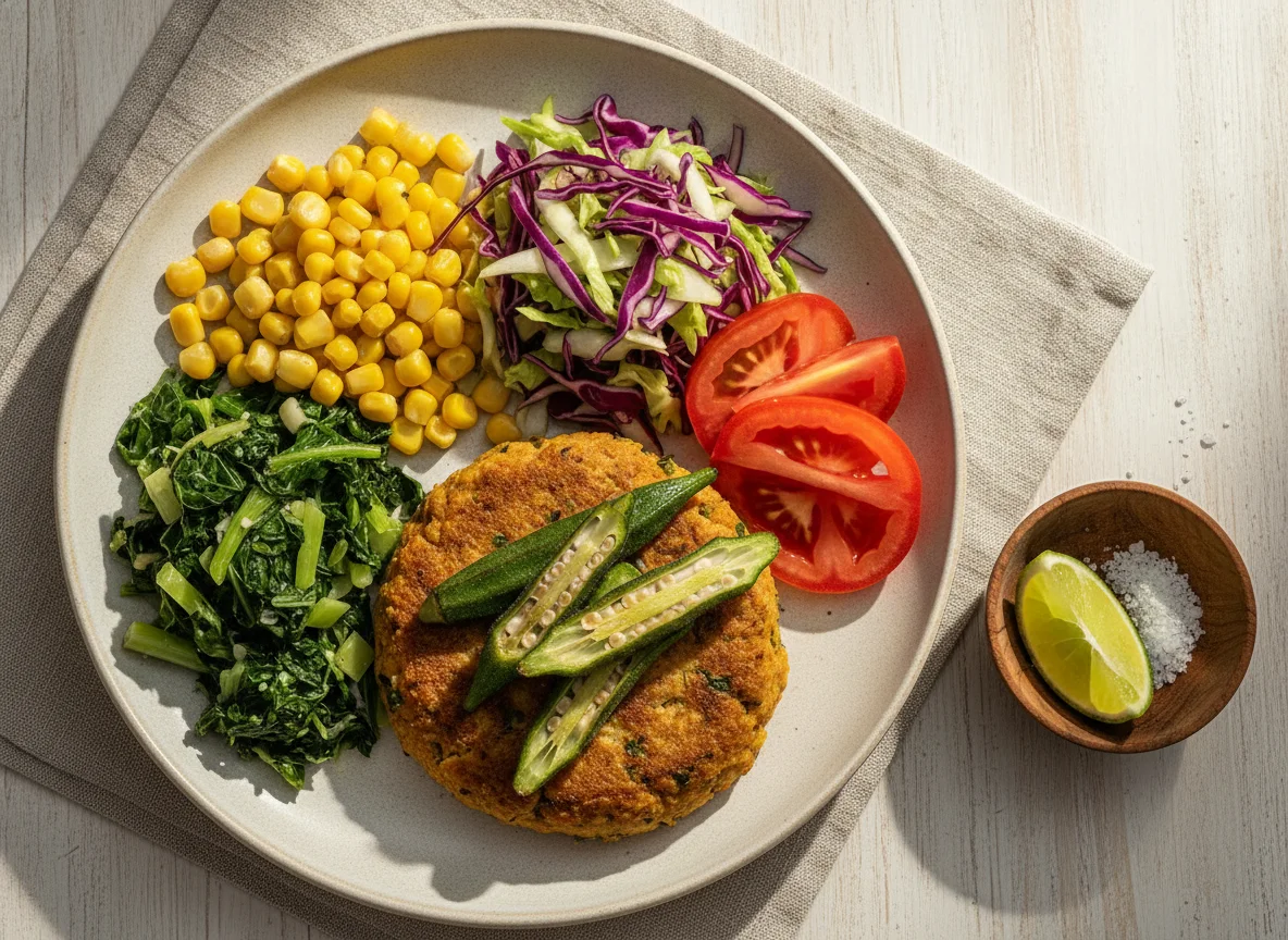 Hambúrguer de grão-de-bico com quiabo e salada photo