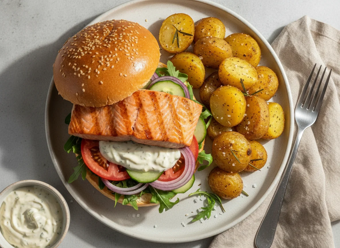 Hambúrguer de Salmão com Batatas Assadas photo