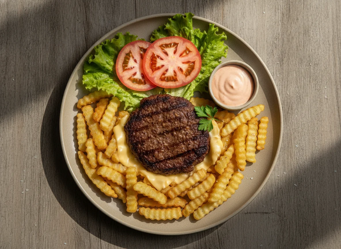 Hambúrguer desconstruído com batata frita na airfryer photo