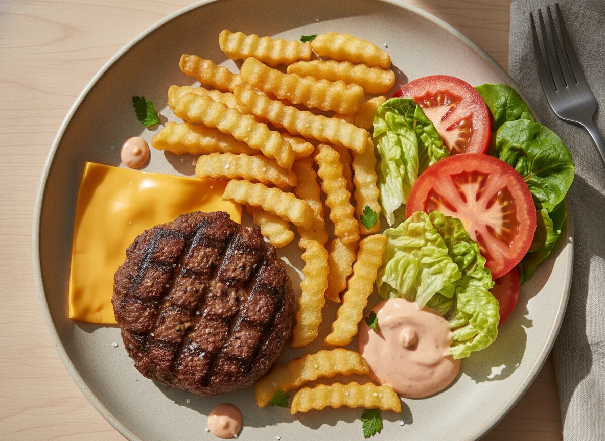 Hambúrguer Desconstruído com Batatas Fritas e Salada photo