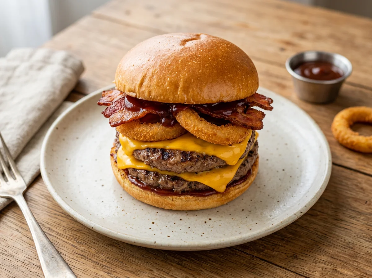 Hambúrguer Duplo com Bacon e Anéis de Cebola photo