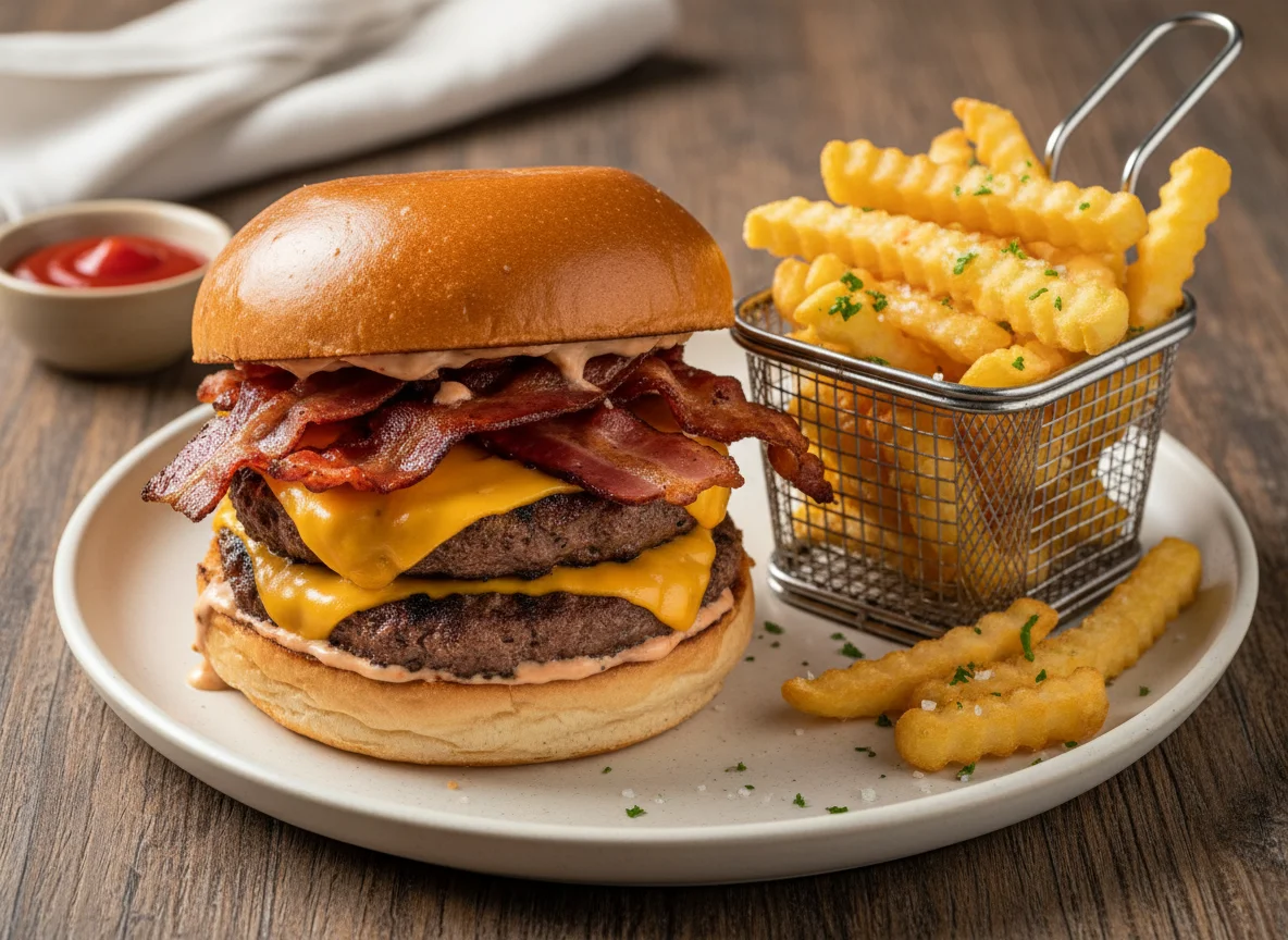 Hambúrguer duplo com bacon e batata frita photo