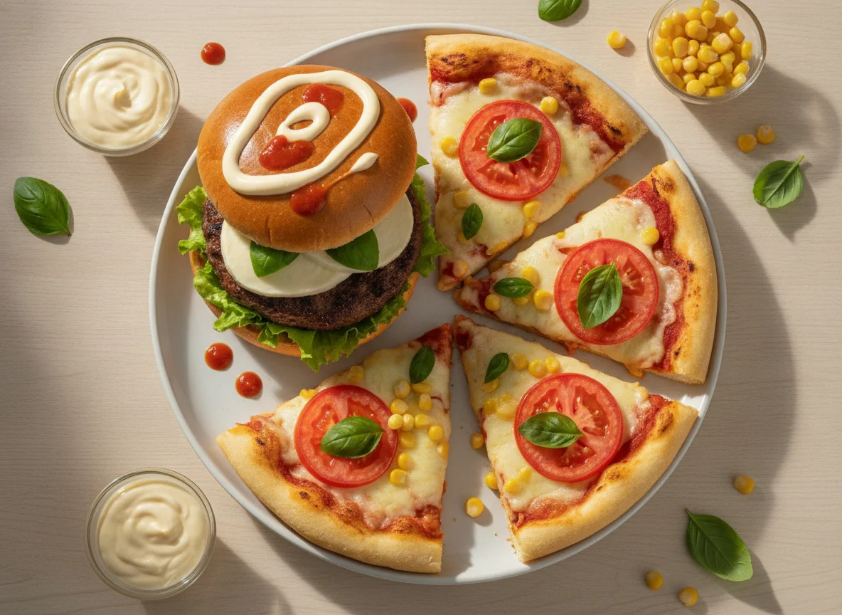 Hambúrguer e fatias de pizza de tomate photo