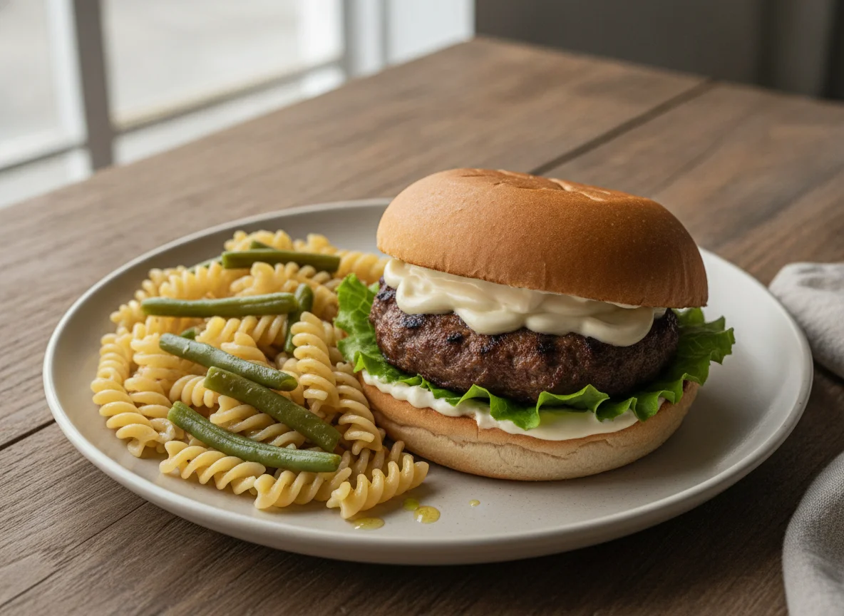 Hambúrguer no pão com massa fusilli e feijão-verde photo