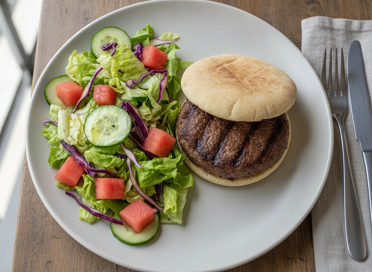 Hambúrguer no prato com salada mista photo