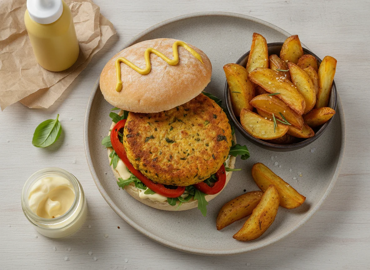 Hambúrguer vegetariano com batatas rústicas photo