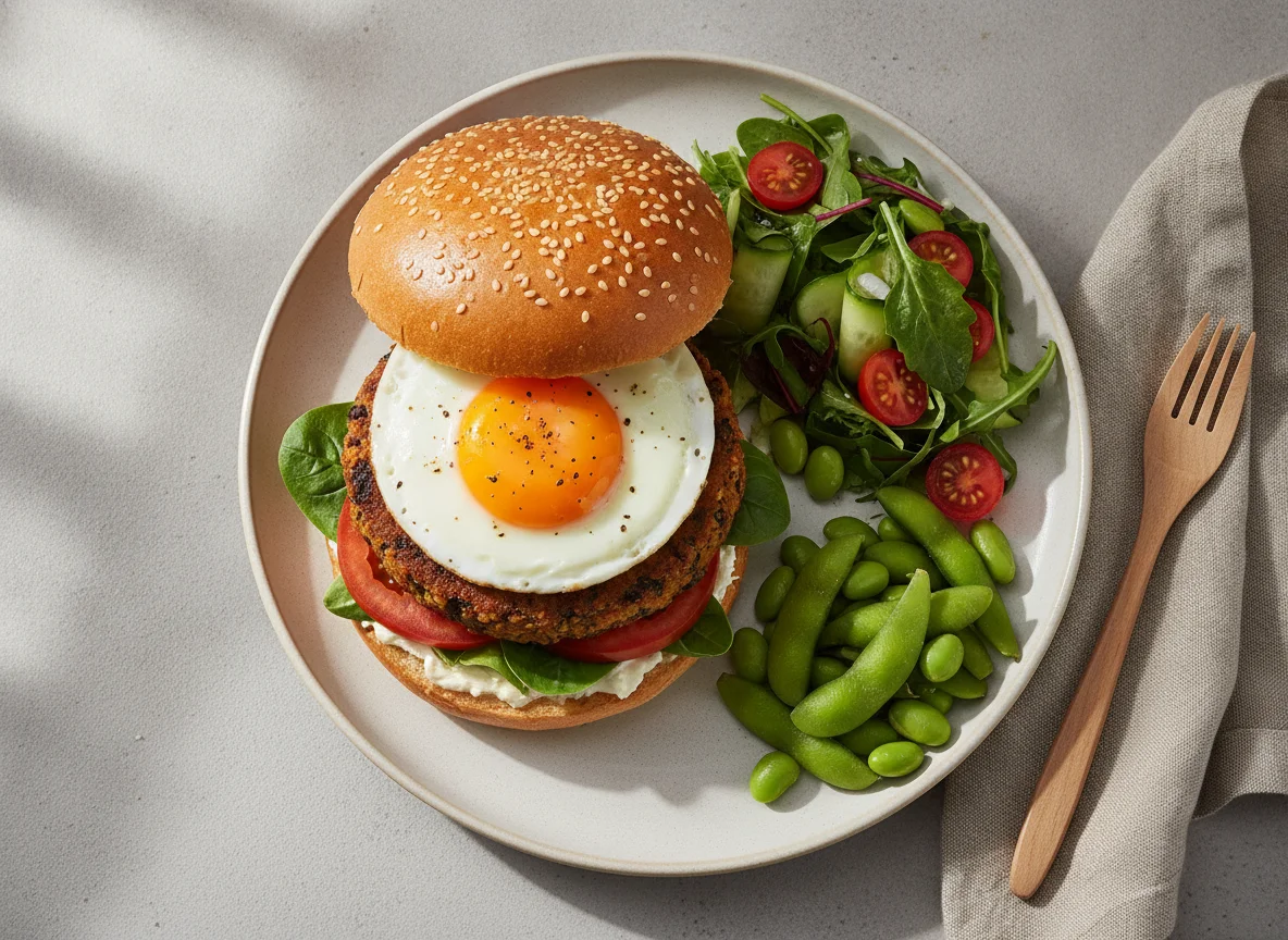 Hambúrguer Vegetariano com Salada e Edamame photo